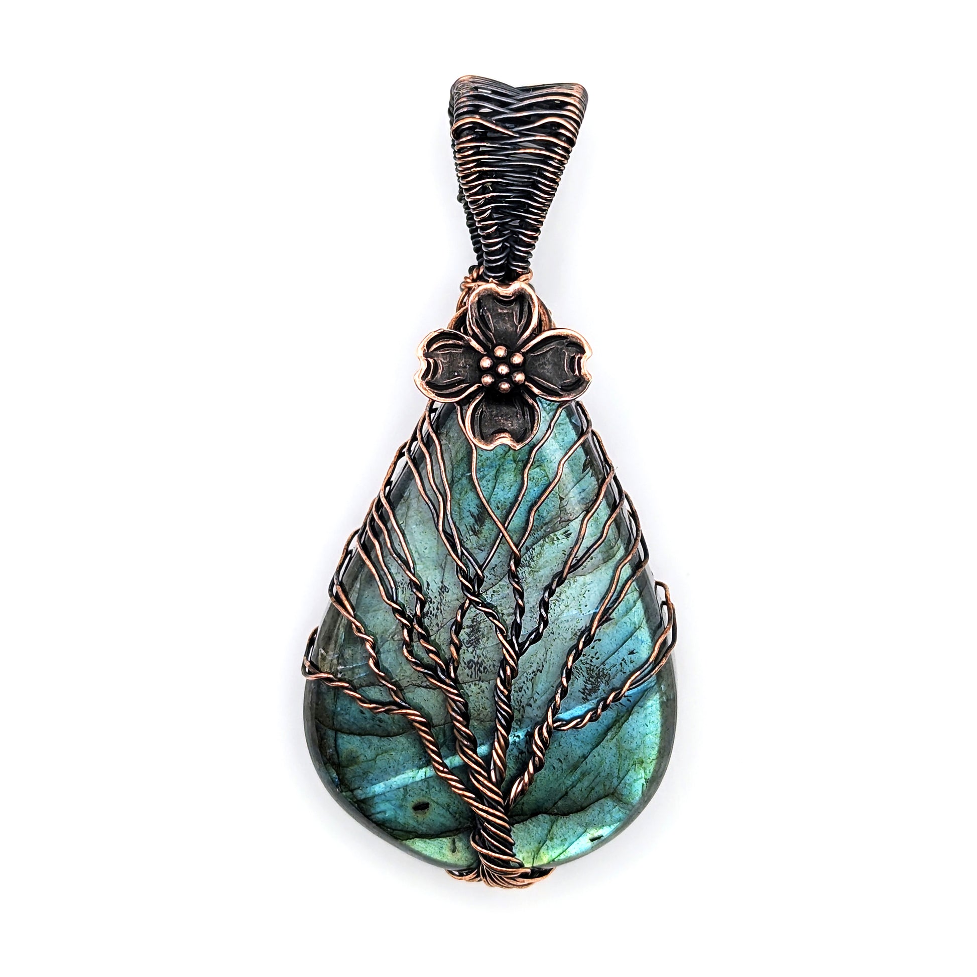Natural Labradorite Tree of Life Wire Wrapped Stone Pendant with Flower Accent, Labradorite Jewelry