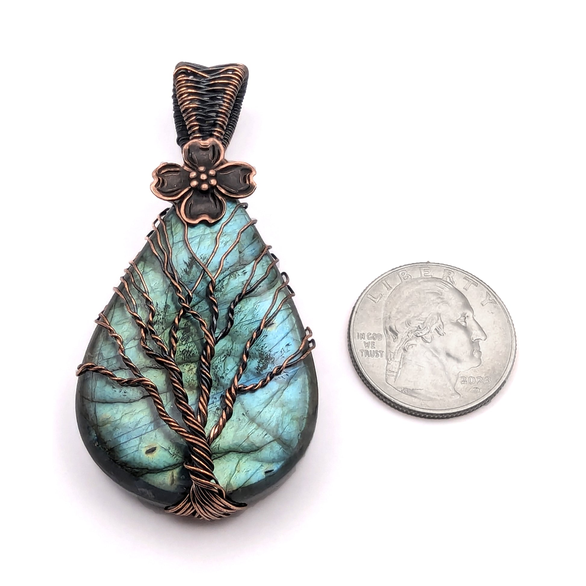 Natural Labradorite Tree of Life Wire Wrapped Stone Pendant with Flower Accent, Labradorite Jewelry