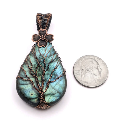 Natural Labradorite Tree of Life Wire Wrapped Stone Pendant with Flower Accent, Labradorite Jewelry