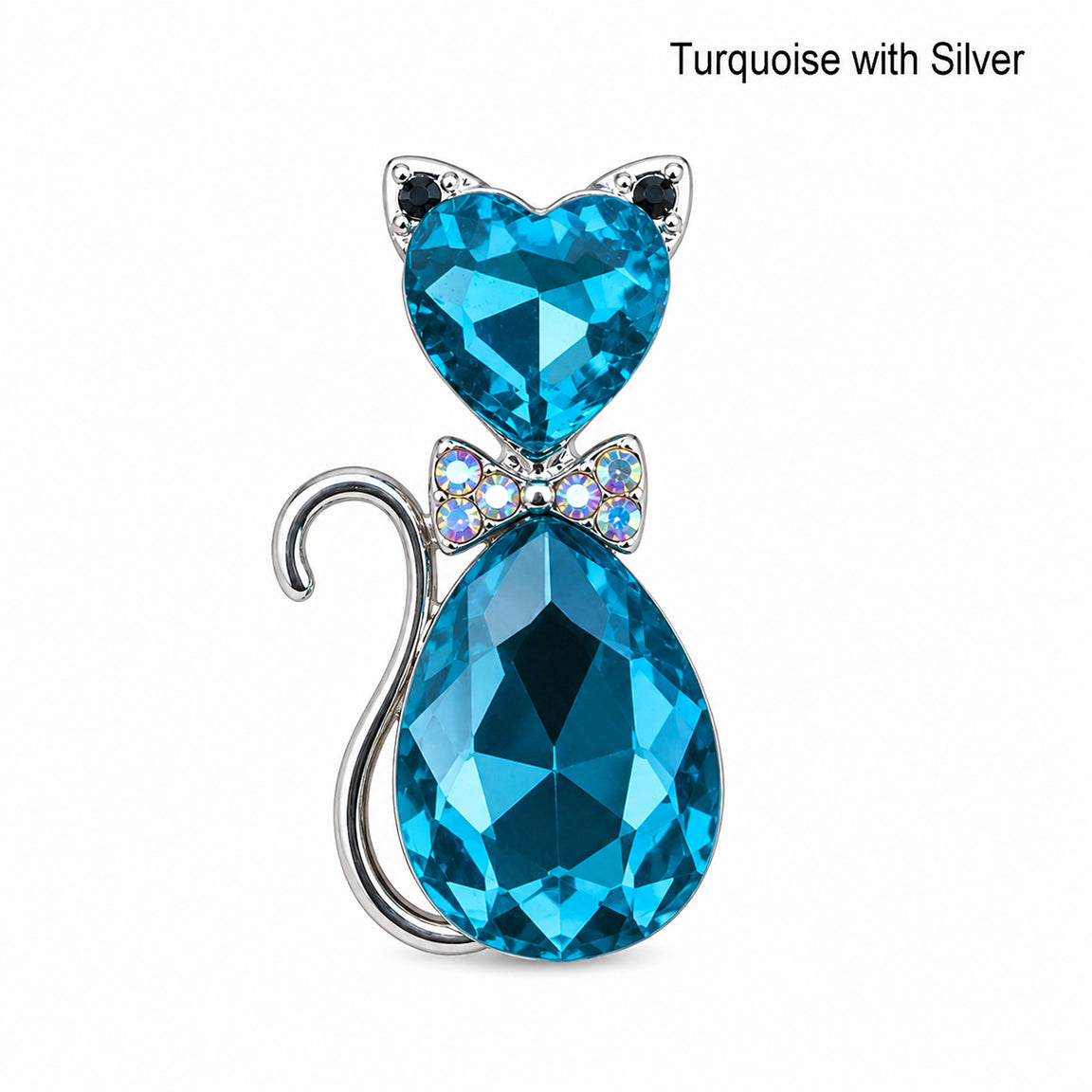 Turquoise crystal cat-shaped pendant with silver accents on a white background