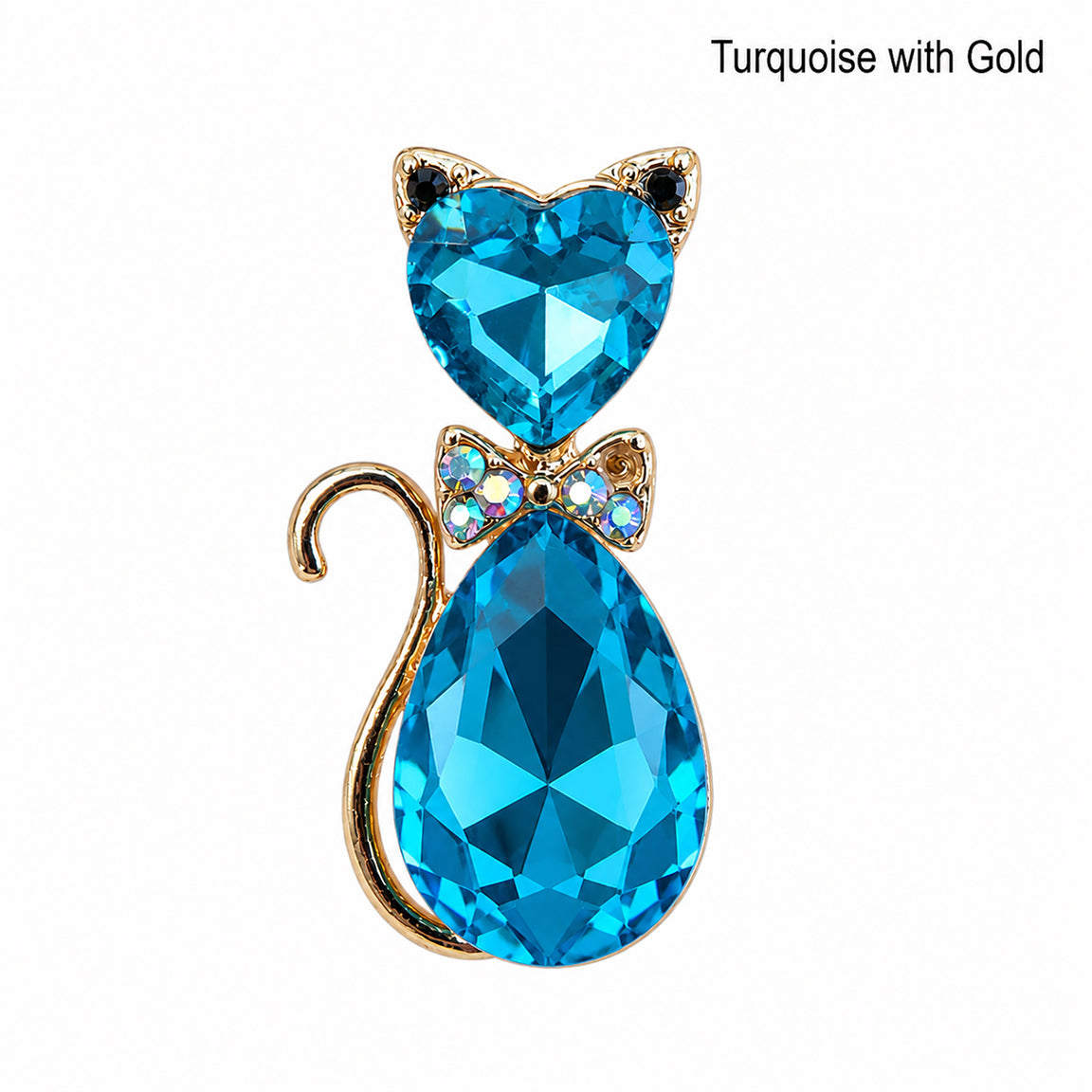 Turquoise crystal cat-shaped pendant with gold accents on a white background.  Cat lover jewelry.