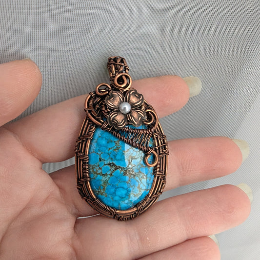 Natural Turquoise Copper Wire Wrapped Stone Pendant Necklace with Flower, Turquoise Jewelry