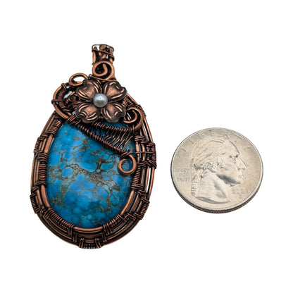 Natural Turquoise Copper Wire Wrapped Stone Pendant Necklace with Flower, Turquoise Jewelry