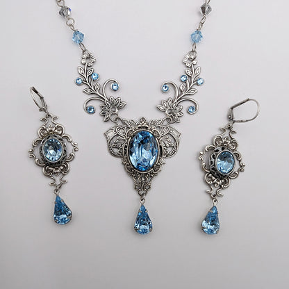 Vintage Aquamarine crystal necklace Bridal Jewelry Set made with Swarovski crystals. Wedding Jewelry, Vintage Jewelry, Bridal jewelry jewelry, Elven Jewelry