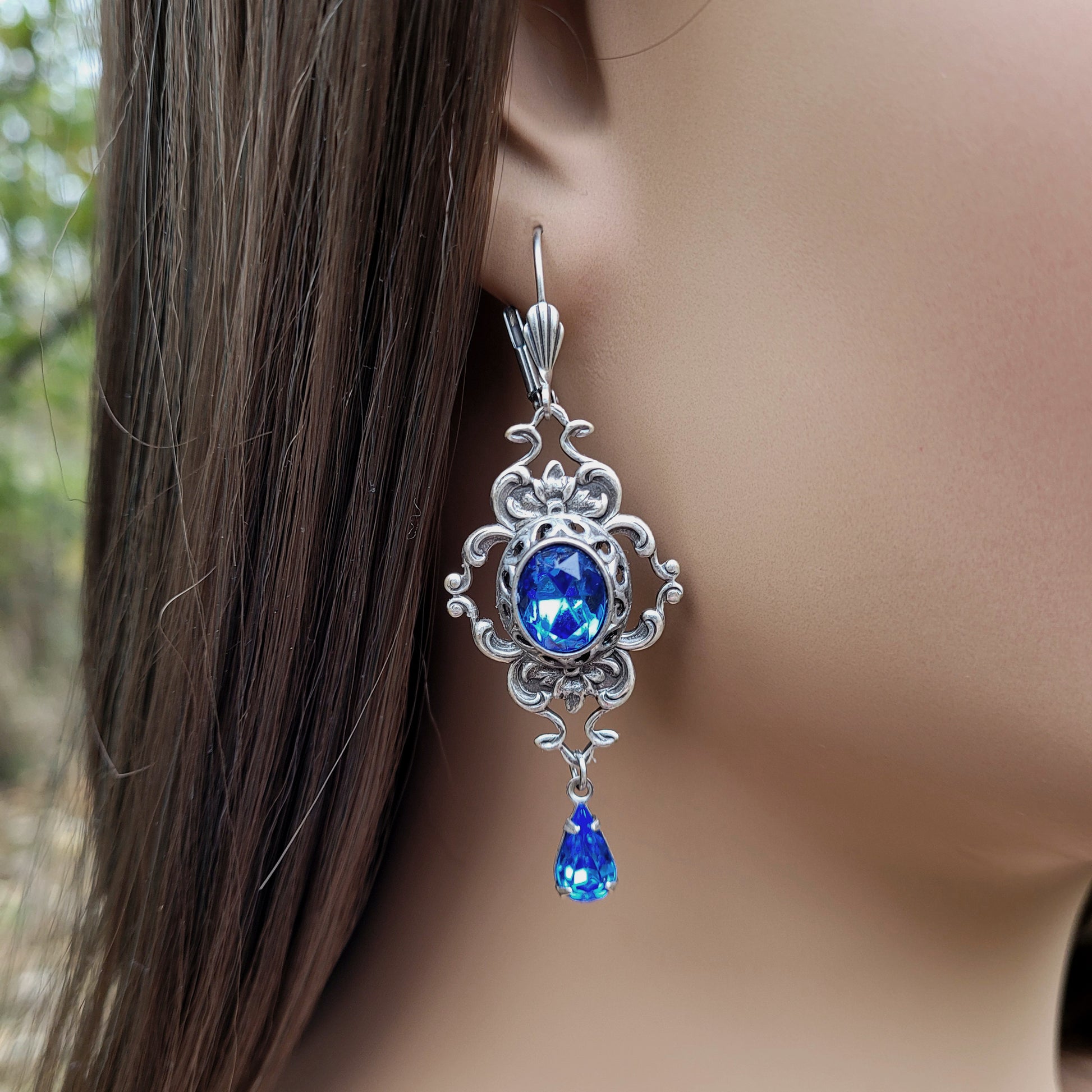 Vintage Sterling Silver Sapphire earrings Bridal jewelry made with Swarovski crystals. Wedding Jewelry Set. Bridal jewelry jewelry
