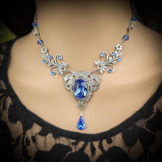 Vintage Sterling Silver Sapphire necklace Bridal jewelry made with Swarovski crystals. Wedding Jewelry Set. Bridal jewelry jewelry