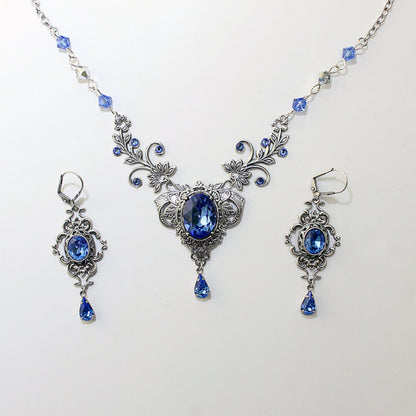 Vintage Sterling Silver Sapphire necklace Bridal jewelry made with Swarovski crystals. Wedding Jewelry Set. Bridal jewelry jewelry