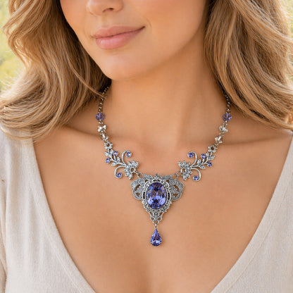 Vintage Sterling Silver Tanzanite Crystal Necklace made with Swarovski Crystals, Elven Jewelry, Eloquent formal jewelry