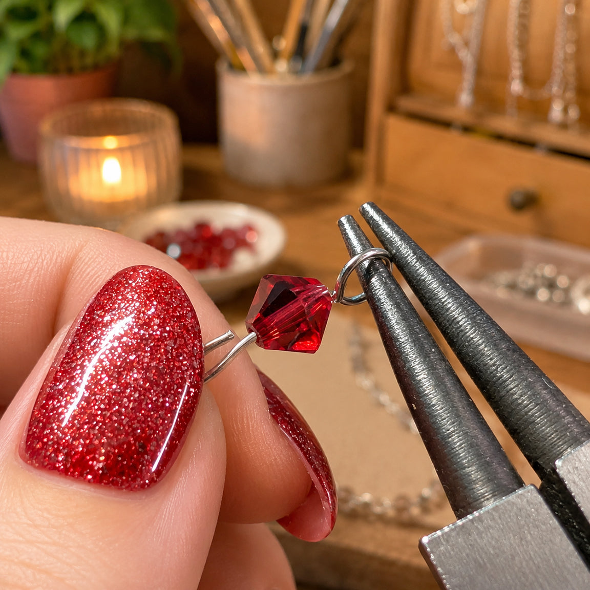 Hand with red glittery nail polish holding a red gemstone with pliers on a wooden surface.
