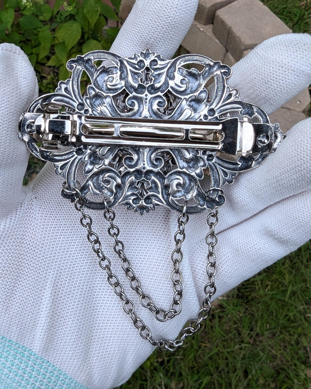 Gothic Sterling Silver Hair Barrette with Vintage Amethyst  display picture 1