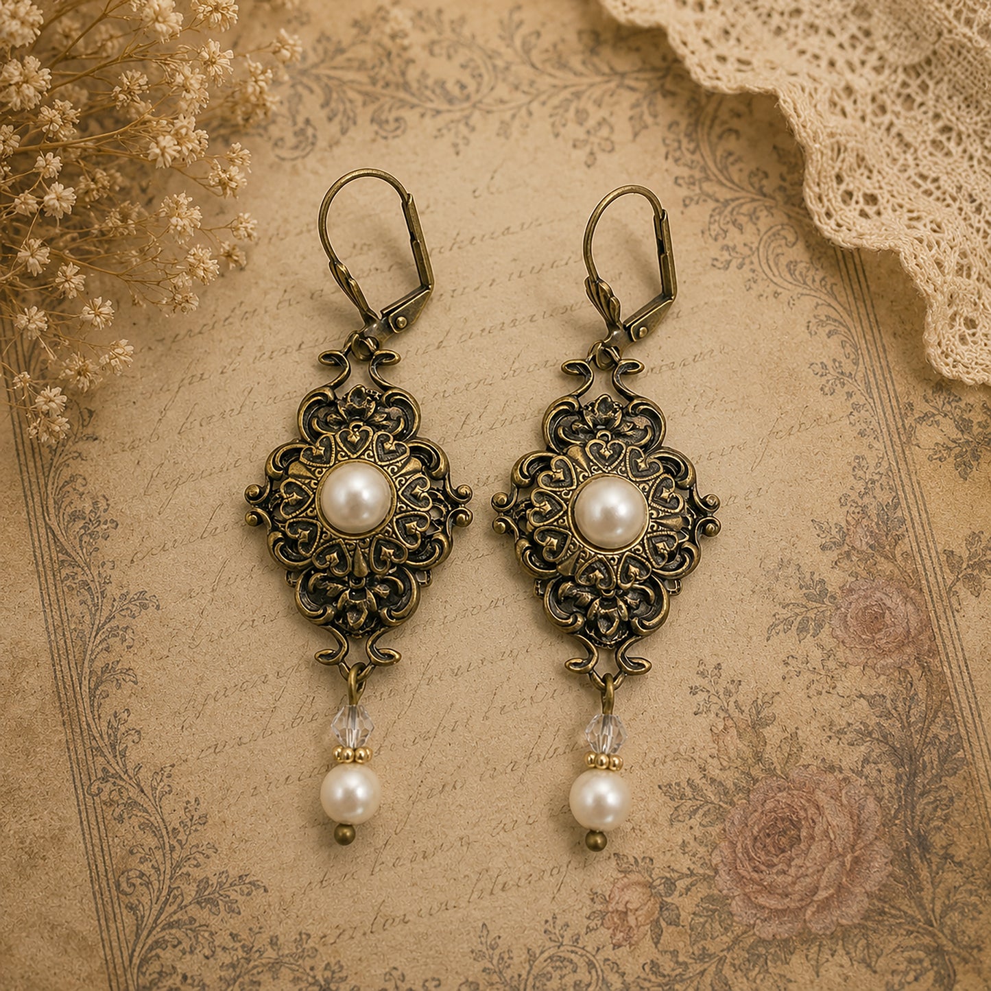 Pair of ornate earrings with pearls on an antique-style background