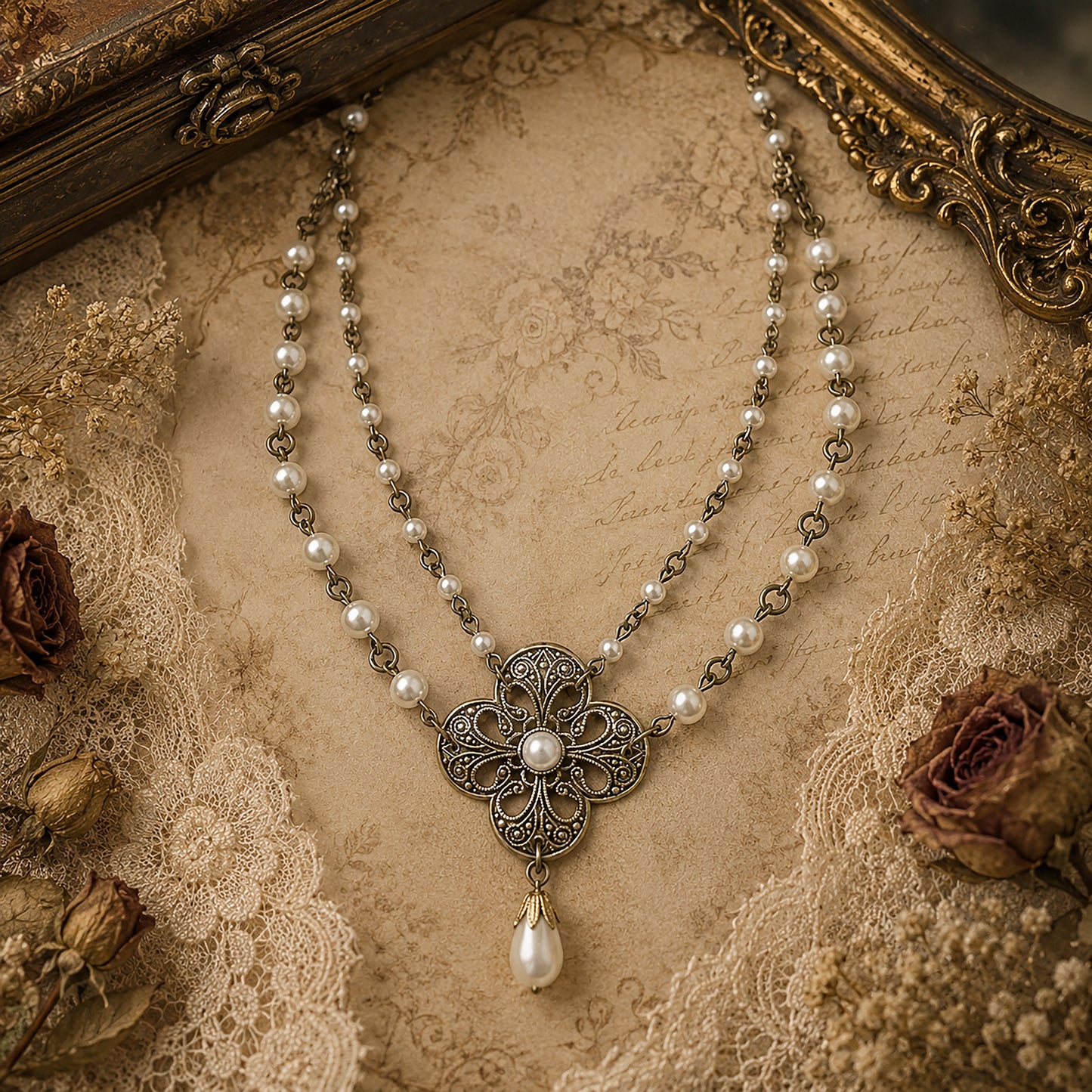 Pearl necklace with a decorative clasp on a textured background with lace and roses.