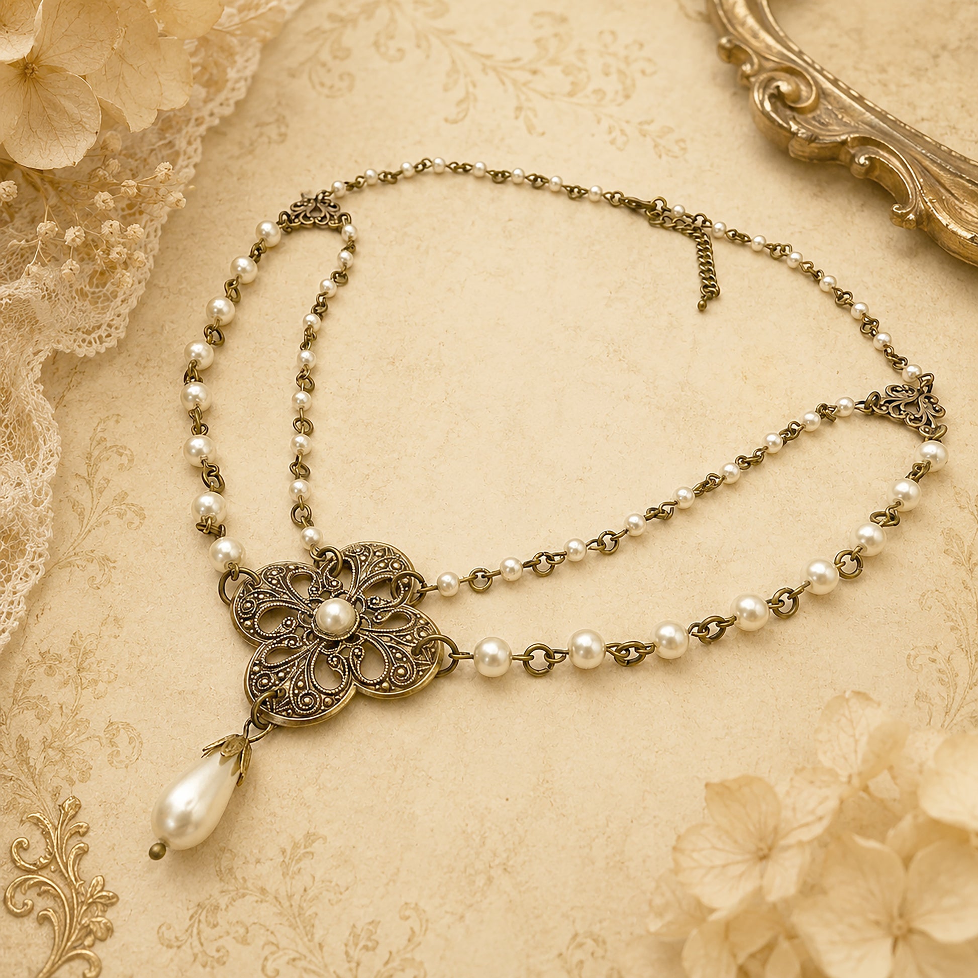 Vintage-style necklace with pearls on a decorative background