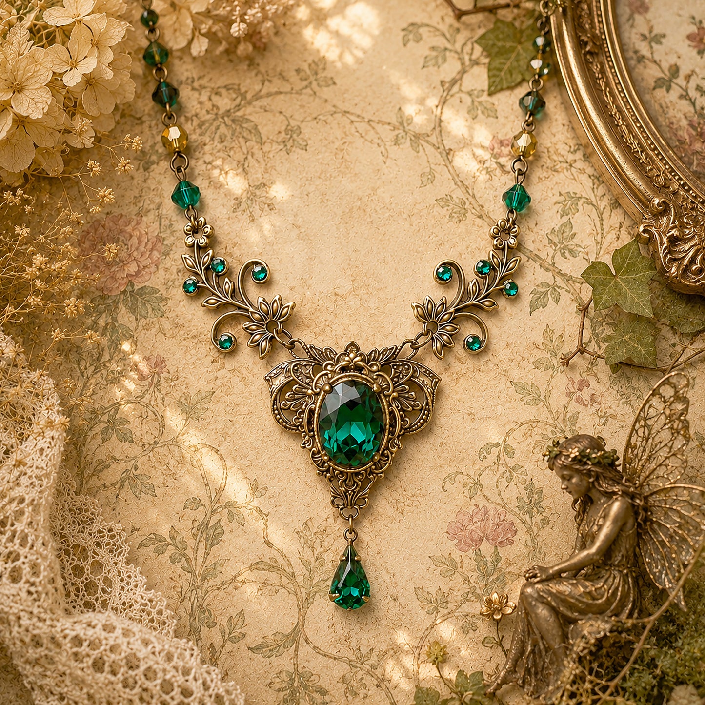 Vintage Emerald floral Crystal Necklace Wedding Jewelry Set made with Swarovski Crystals, Elven Jewelry, Vintage Jewelry, Bridal Jewelry