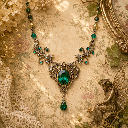 Vintage Emerald floral Crystal Necklace Wedding Jewelry Set made with Swarovski Crystals, Elven Jewelry, Vintage Jewelry, Bridal Jewelry