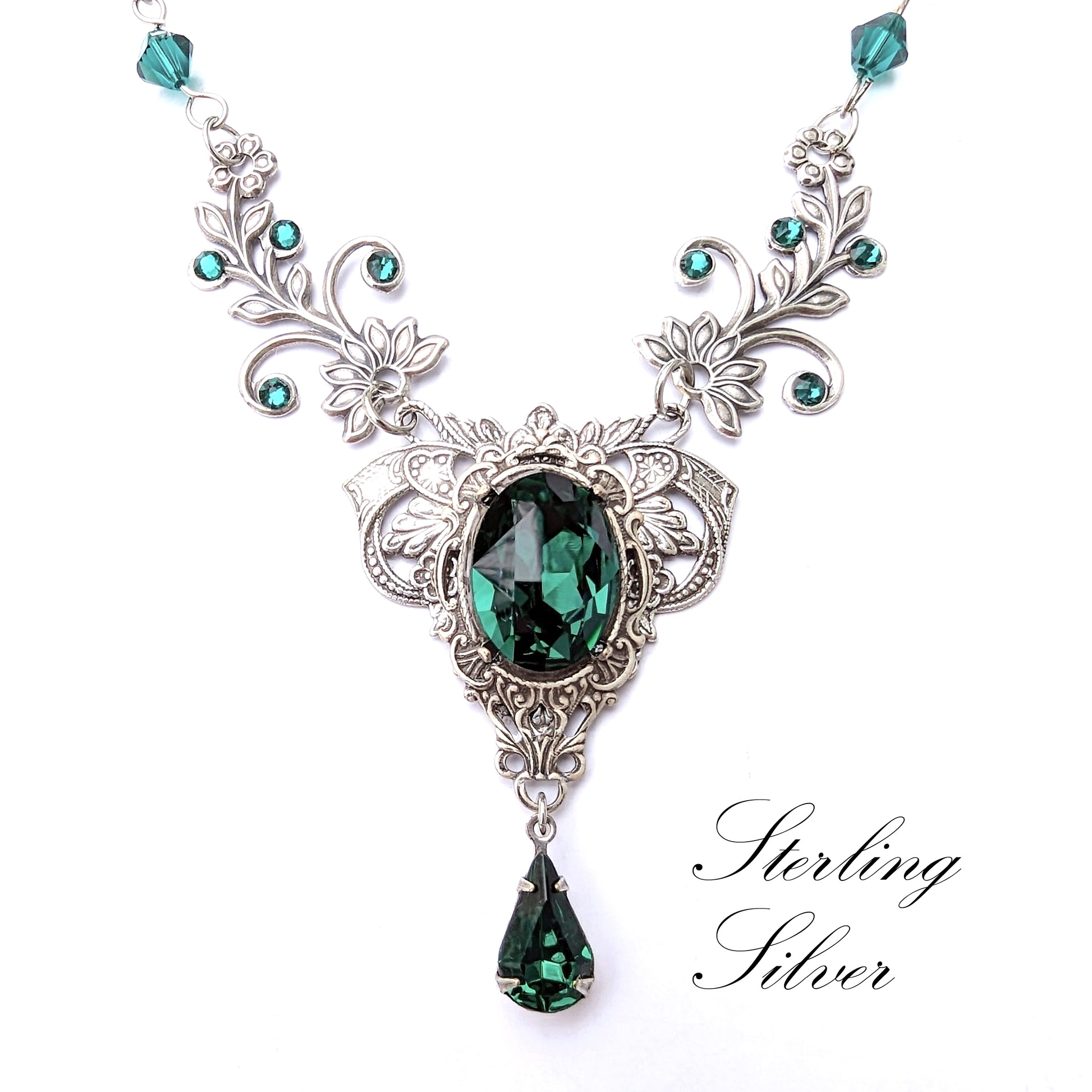 Vintage Emerald floral necklace made with Swarovski crystals. Wedding Jewelry Set. Bridal jewelry jewelry