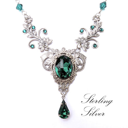 Vintage Emerald floral necklace made with Swarovski crystals. Wedding Jewelry Set. Bridal jewelry jewelry