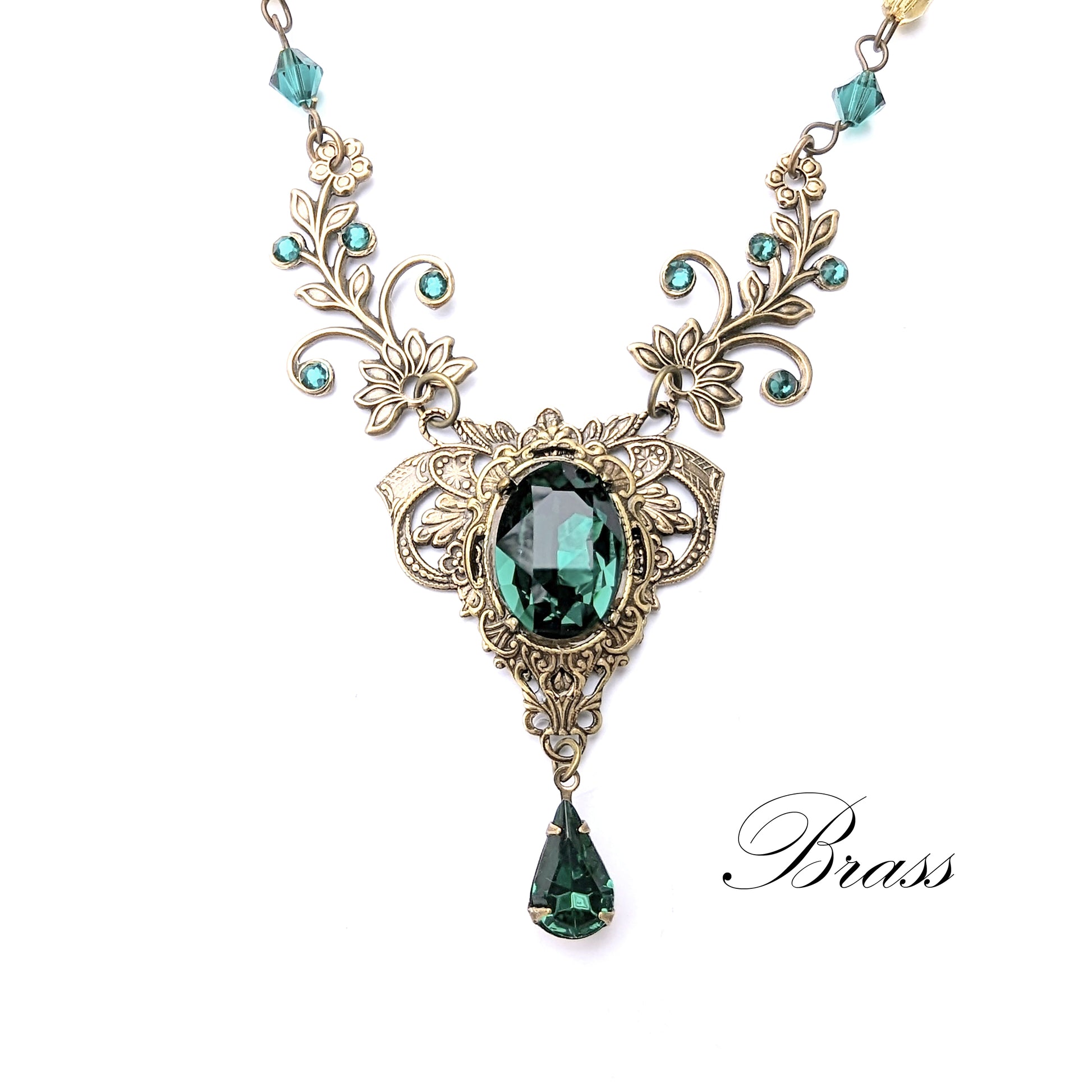 Vintage Emerald floral necklace made with Swarovski crystals. Wedding Jewelry Set. Bridal jewelry jewelry
