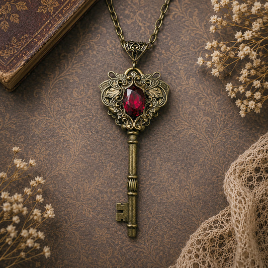 Vintage-style key necklace with a red gemstone on a textured surface with dried flowers.  Fairy Princess Key Necklace with Red Swarovski Crystal – Vintage Fantasy Fairycore Jewelry