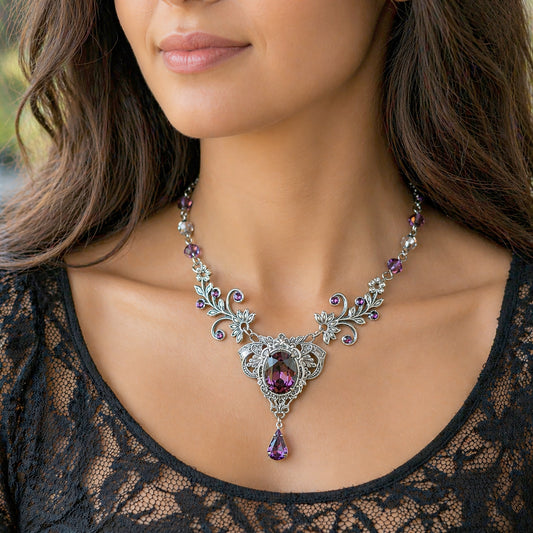 Woman wearing Vintage purple Amethyst Swarovski crystal bridal necklace
