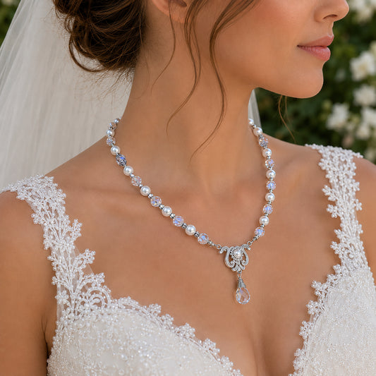 Vintage Swarovski Pearl and Crystal Bridal Necklace, Sterling Silver Victorian Wedding Jewelry