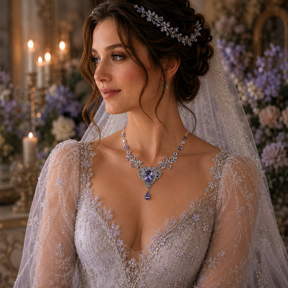Woman in a fantasy inspired fairy tale wedding dress with a Swarovski Tanzanite crystal necklace and veil in a decorated room.