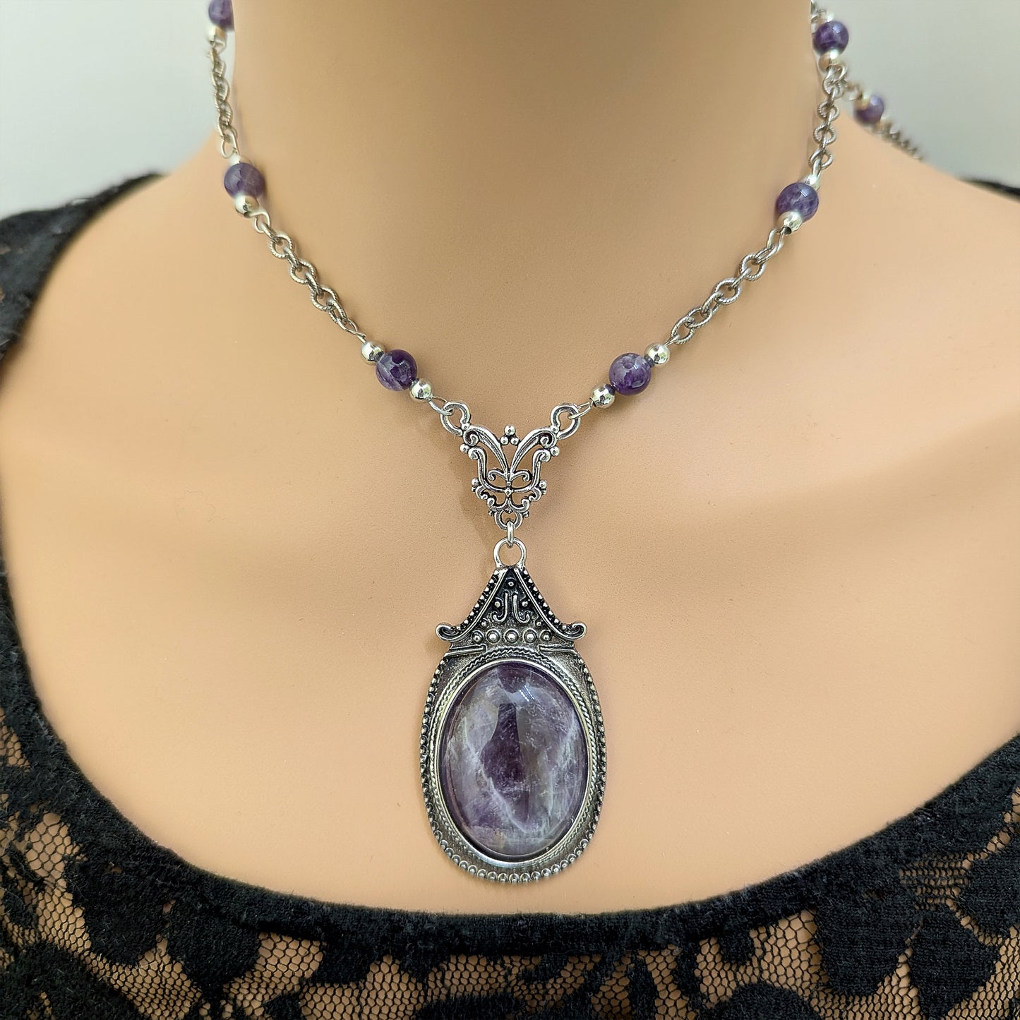 Vintage Inspired Amethyst Pendant Necklace with Matching Beads
