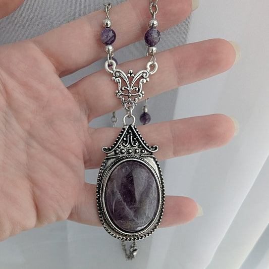 Vintage Inspired Amethyst Pendant Necklace with Matching Beads