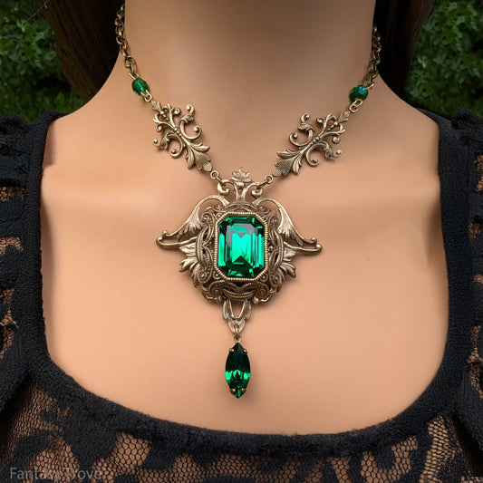 Victorian Emerald Crystal Necklace & Optional Earring Set made with Majestic Green Swarovski Stones