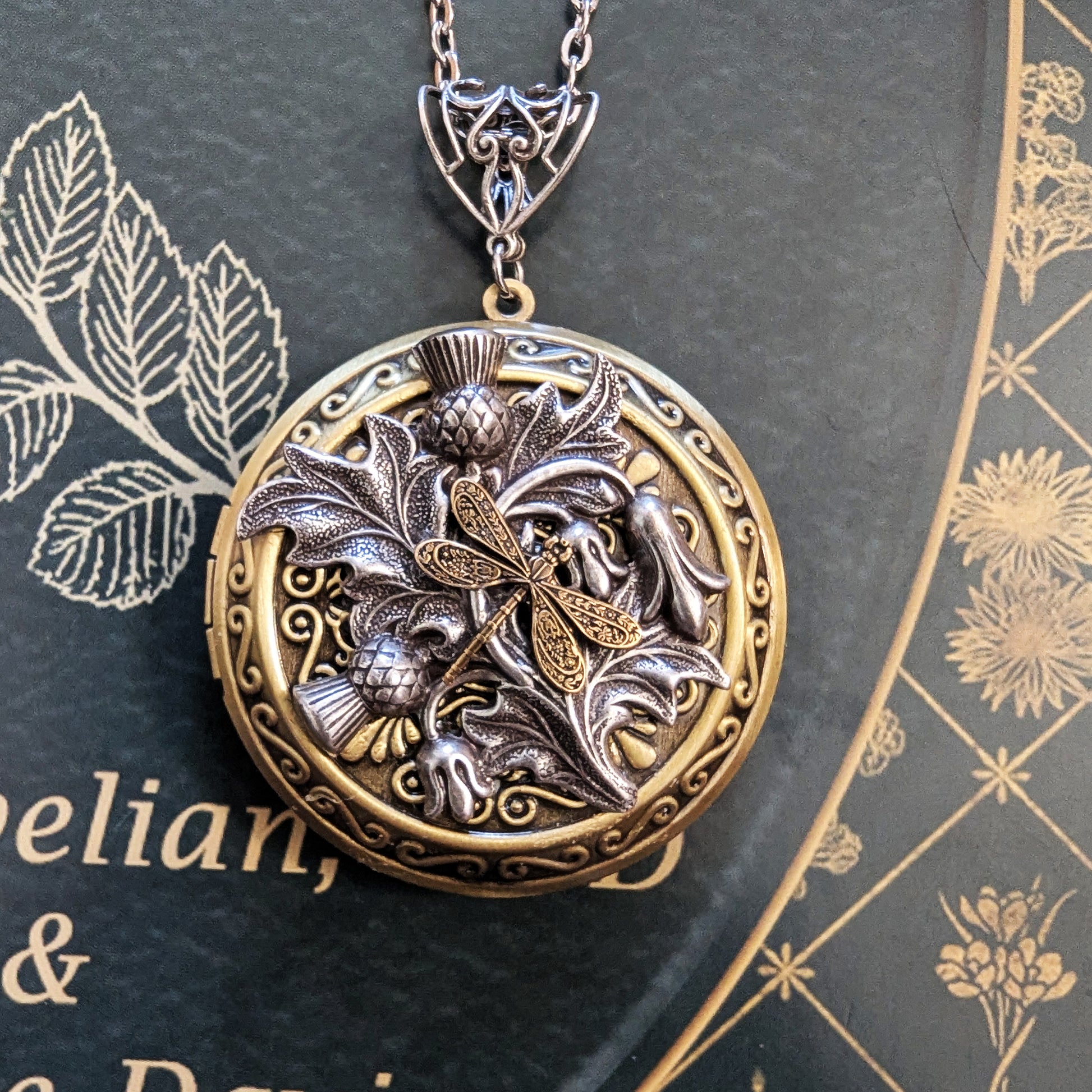 An antique-style round locket pendant necklace featuring a dragonfly motif over leaves and berries, displayed on a dark textured book page with gold botanical illustrations.