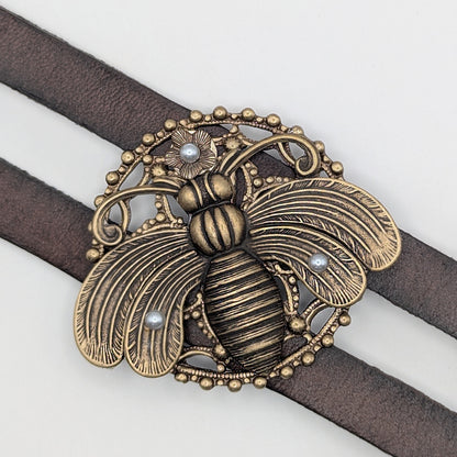Brass Bumble Bee Tiered Adjustable Leather Bracelet
