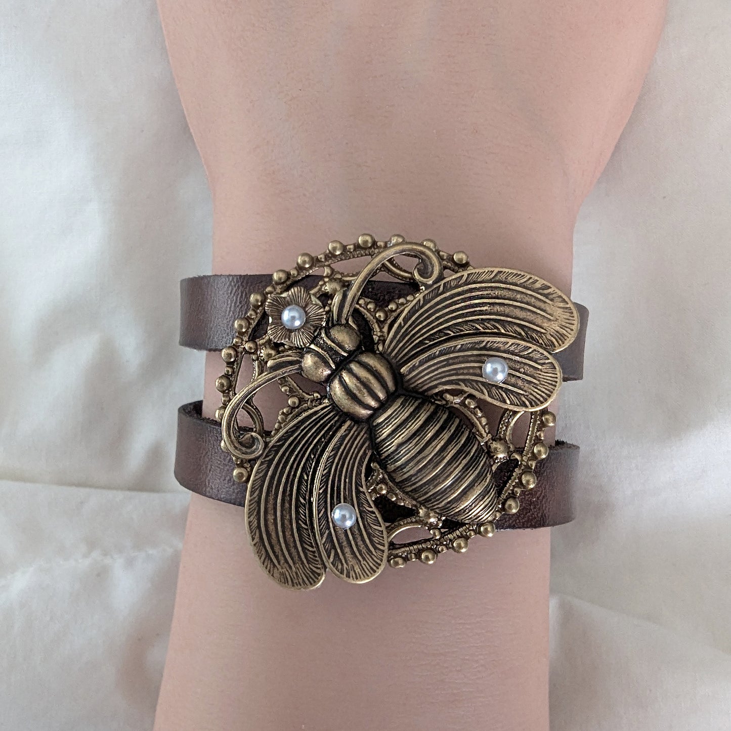Brass Bumble Bee Tiered Adjustable Leather Bracelet