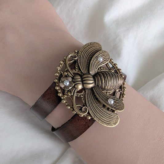 Brass Bumble Bee Tiered Adjustable Leather Bracelet