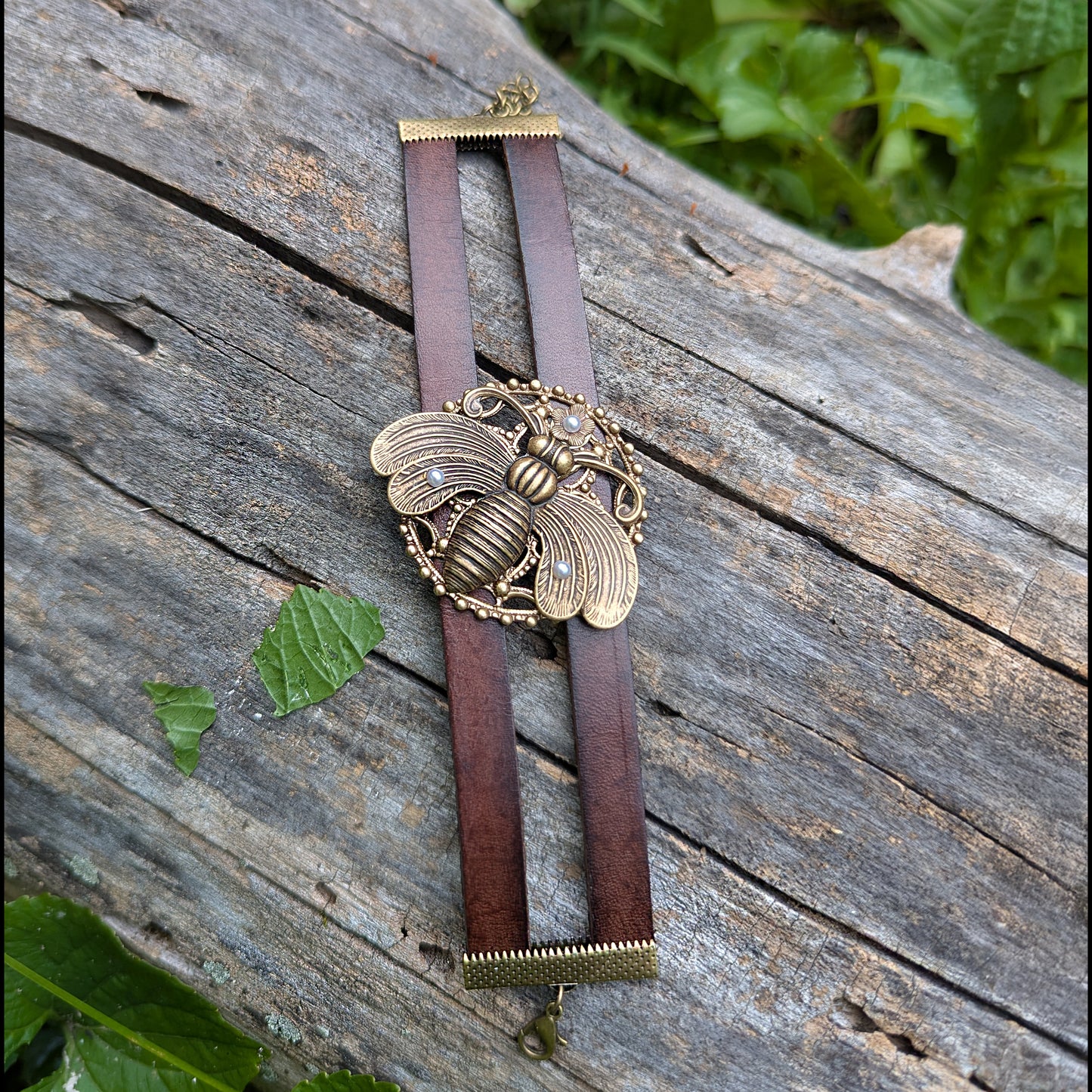 Brass Bumble Bee Tiered Adjustable Leather Bracelet