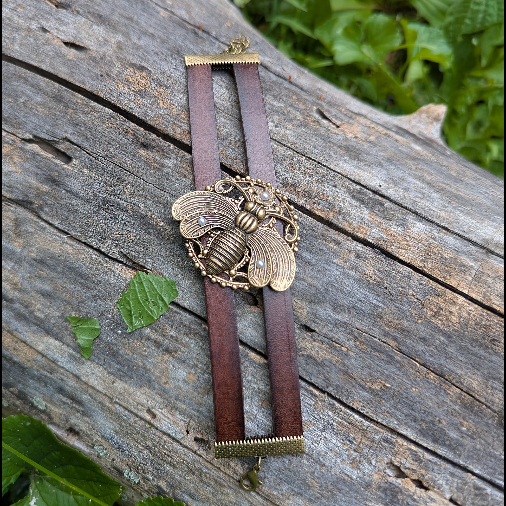 Brass Bumble Bee Tiered Adjustable Leather Bracelet