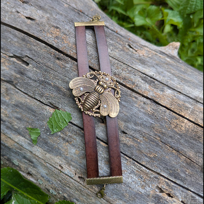 Brass Bumble Bee Tiered Adjustable Leather Bracelet