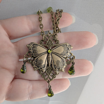 Brass Vintage Cottagecore Butterfly necklace with olivine gemstones