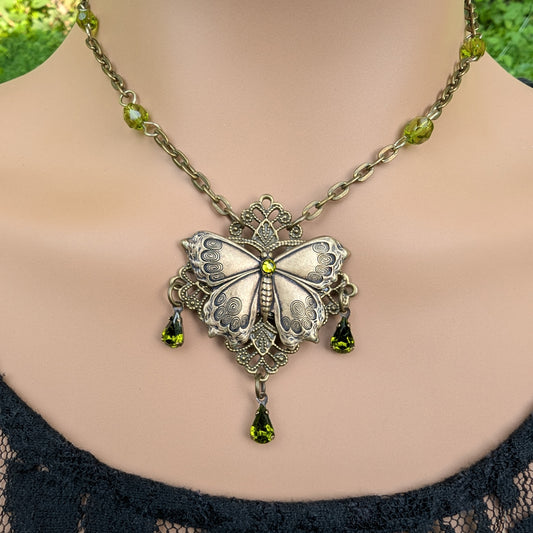 Handmade Vintage Inspired Brass Butterfly Necklace with Olive Crystal Accents, Butterfly Jewelry