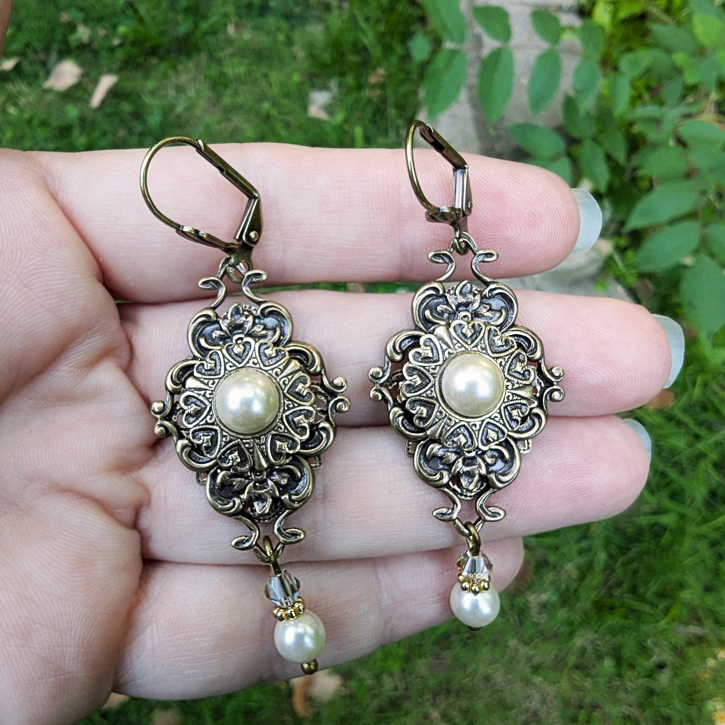 Vintage Brass, Antique Gold Pearl and Crystal Victorian Dangle Earrings.  Bridal Swarovski Jewelry