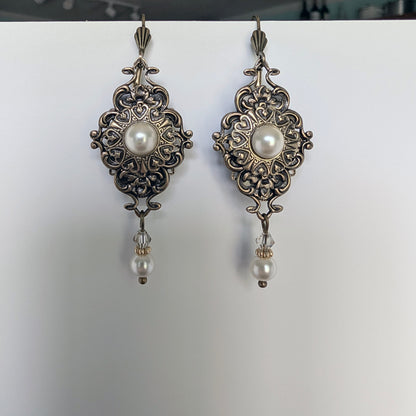 Vintage Brass, Antique Gold Pearl and Crystal Victorian Dangle Earrings.  Bridal Swarovski Jewelry