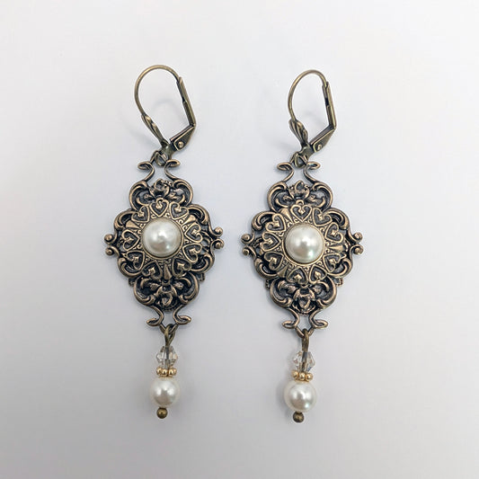 Vintage Brass, Antique Gold Pearl and Crystal Victorian Dangle Earrings.  Bridal Swarovski Jewelry