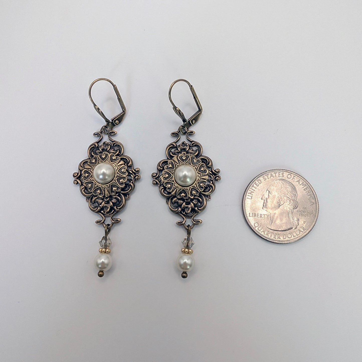 Vintage Brass Antique Gold Pearl and Crystal Victorian Dangle Earrings.  Bridal Swarovski Jewelry