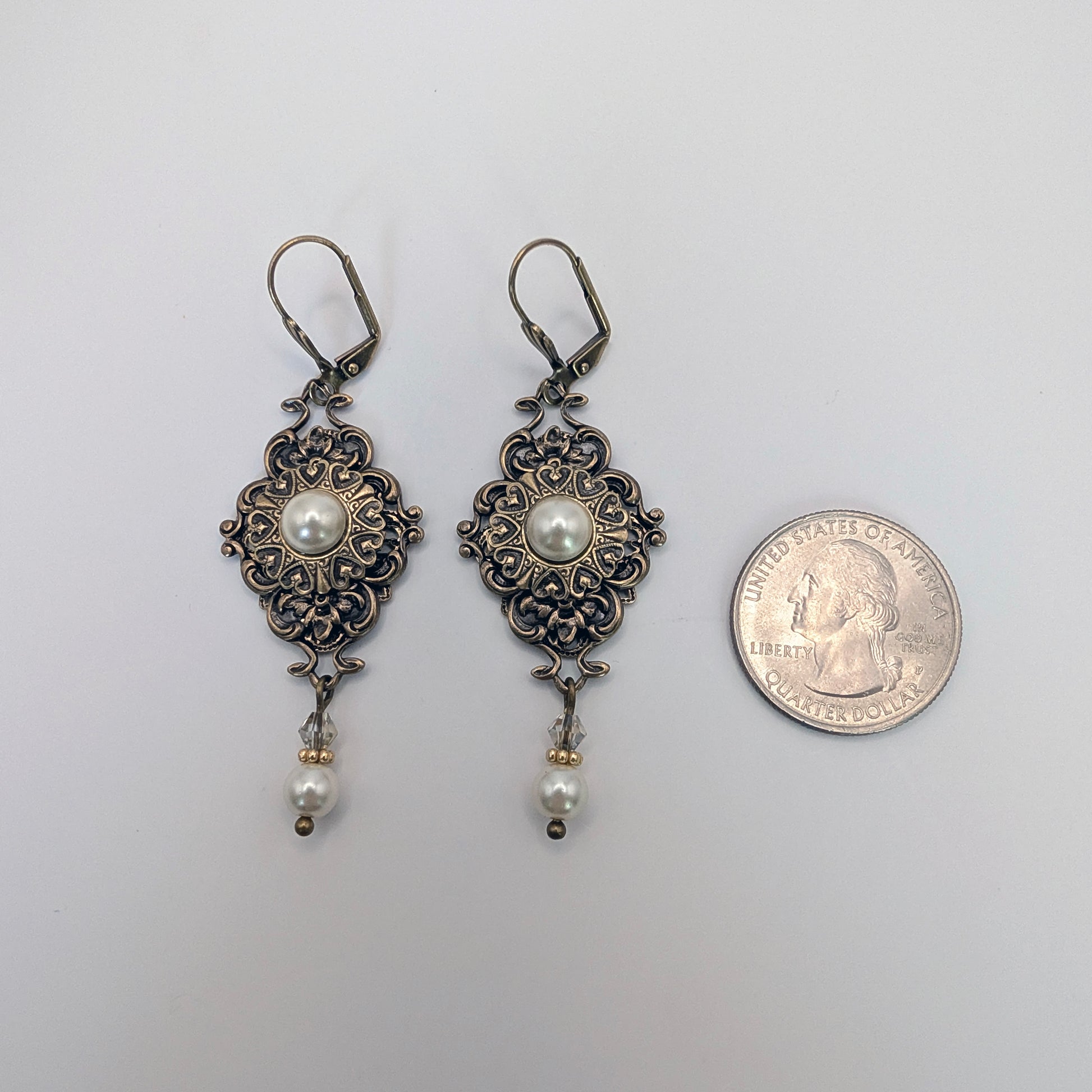 Vintage Brass Antique Gold Pearl and Crystal Victorian Dangle Earrings.  Bridal Swarovski Jewelry