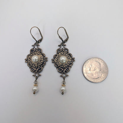 Vintage Brass Antique Gold Pearl and Crystal Victorian Dangle Earrings.  Bridal Swarovski Jewelry