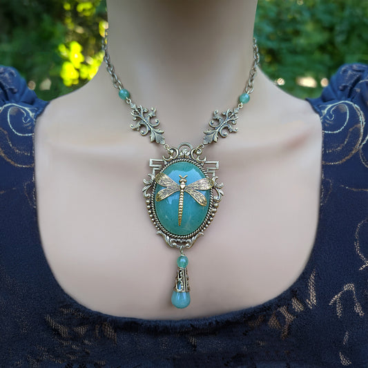 Vintage 24k Gold plated Dragonfly on Aventurine Stone necklace with optional earrings, Dragonfly jewelry