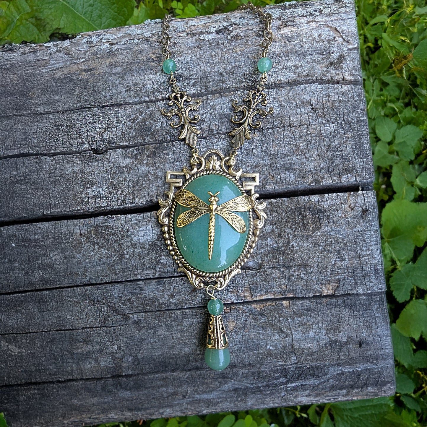 Dragonfly Pendant Necklace: 24K Gold Plated on Green Aventurine, Vintage Nature Jewelry, Optional Earrings