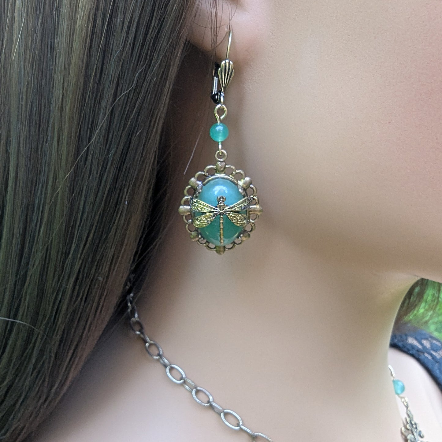 Dragonfly Pendant Necklace: 24K Gold Plated on Green Aventurine, Vintage Nature Jewelry, Optional Earrings
