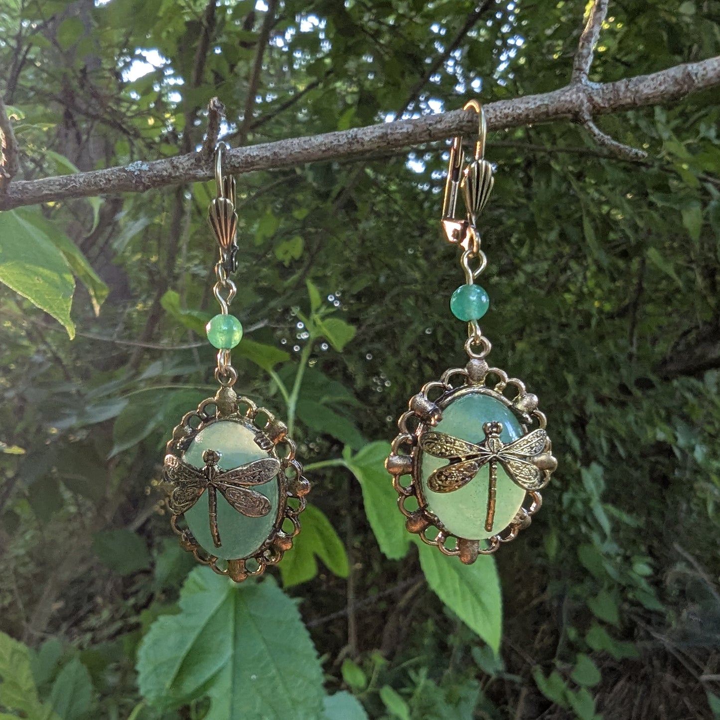 Dragonfly Pendant Necklace: 24K Gold Plated on Green Aventurine, Vintage Nature Jewelry, Optional Earrings