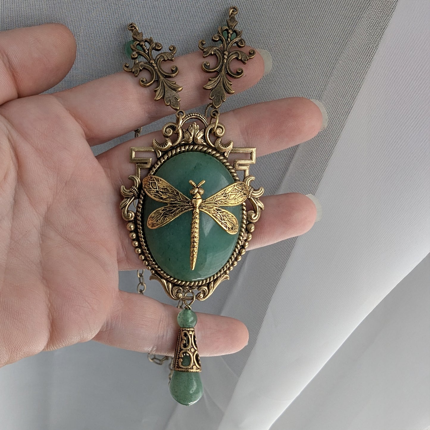 Dragonfly Pendant Necklace: 24K Gold Plated on Green Aventurine, Vintage Nature Jewelry, Optional Earrings