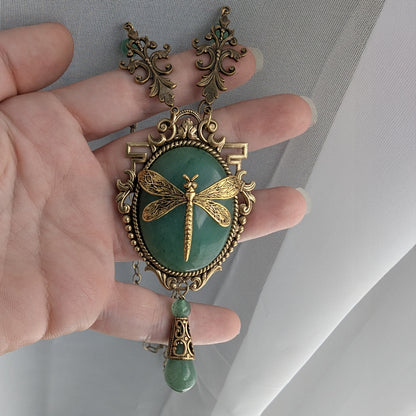 Dragonfly Pendant Necklace: 24K Gold Plated on Green Aventurine, Vintage Nature Jewelry, Optional Earrings